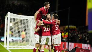 <p>WELCOME TO WREXHAM: Wrexham’s Oliver Rathbone celebrates with team-mates after scoring in their 3-2 FA Cup victory over Nottingham Forest (Nick Potts/PA)</p>