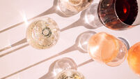 A close-up of elegant glasses with alcoholic beverages. Cups with colorful sparkling wines from different grape varieties. Champ