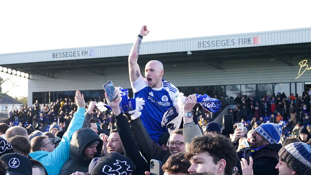 <p>HISTORIC: Macclesfield Town's Josh Kay celebrates with fans following the Emirates FA Cup third round match at the Leasing.com Stadium, Macclesfield. </p>
