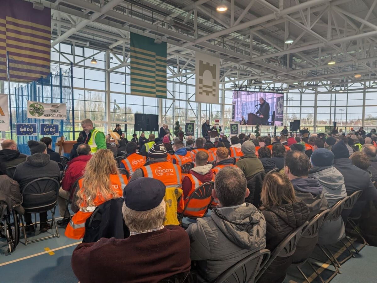 People attend a rally protesting against the EU-Mercosur trade deal, at the Technological University of the Shannon, in Athlone, Co Westmeath. 