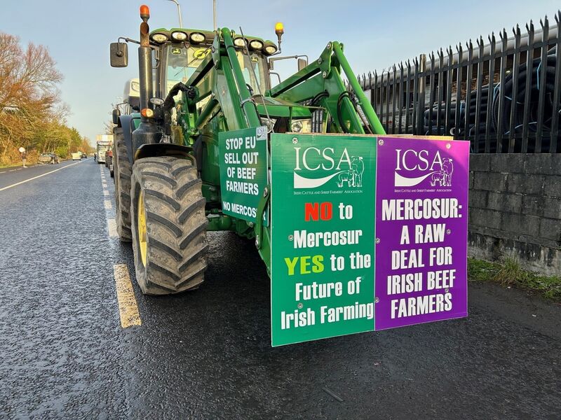 A tractor in Athlone, Co Westmeath, protesting against the EU-Mercosur trade deal. Picture date: Saturday January 10, 2026. PA Photo. Photo credit should read: Cillian Sherlock/PA Wire
