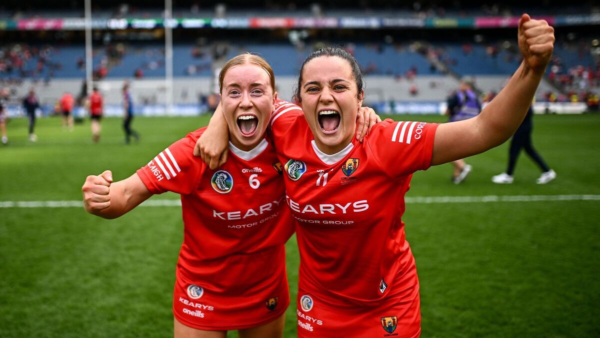 RETIREMENT: Laura Treacy, left, and Fiona Keating of Cork celebrate after the Glen Dimplex Camogie All-Ireland Senior Camogie Championship final. pICTURE: Piaras Ó Mídheach/Sportsfile