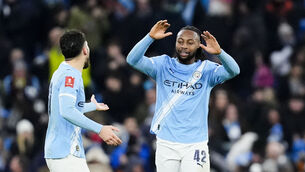 <p>Manchester City's Antoine Semenyo celebrates scoring his side's sixth goal during the Emirates FA Cup third round match at the Etihad Stadium. Photo: Nick Potts/PA Wire. </p>