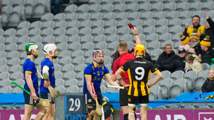 <p>Andrew Kilcullen of Easkey receives a red card from Eamonn Furlong referee. Pic: ©INPHO/James Lawlor</p> <p>Andrew Kilcullen of Easkey receives a red card from Eamonn Furlong referee. Pic: ©INPHO/James Lawlor</p>