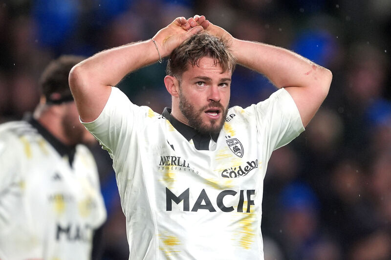 Stade Rochelais' Quentin Lespiaucq reacts after conceding a try during the Investec Champions Cup match at Aviva Stadium. Pic: Brian Lawless/PA Wire