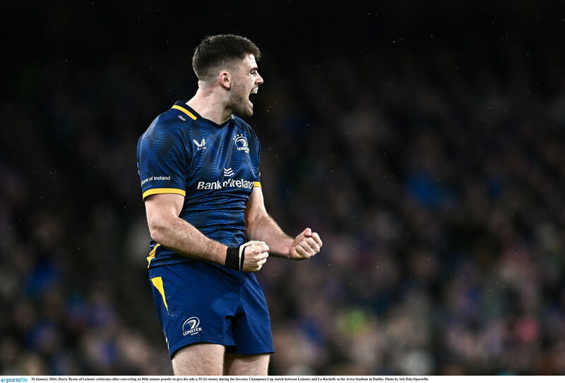 Harry Byrne of Leinster celebrates after converting the 80th minute penalty to give his side a 25-24 victory. Pic: Seb Daly/Sportsfile