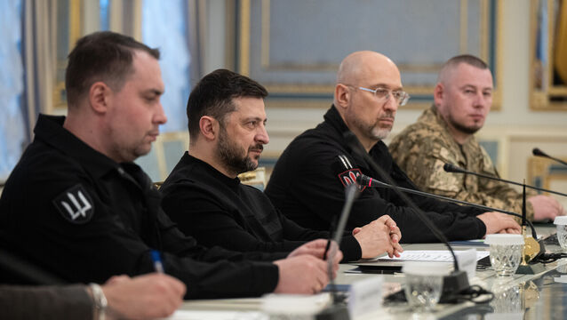 Ukrainian president Volodymyr Zelensky, second left, said negotiators continued to communicate with the US (Danylo Antoniuk/AP)