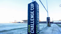A general view of EPCR Challenge Cup branded try posts in snowy conditions 10/1/2026