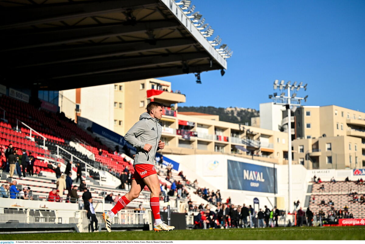 BIG ENTRANCE: Jack Crowley warms-up before the Investec Champions Cup match between RC Toulon and Munster at Stade Felix Mayol. Pic: Shauna Clinton/Sportsfile