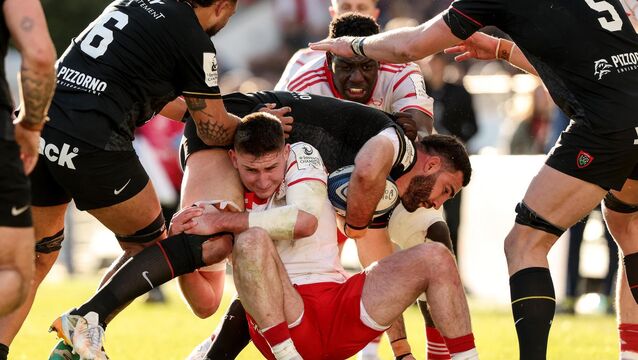 <p>RC Toulon's Charles Ollivon is tackled by Ben O’Connor of Munster. Pic: INPHO/Billy Stickland</p>
