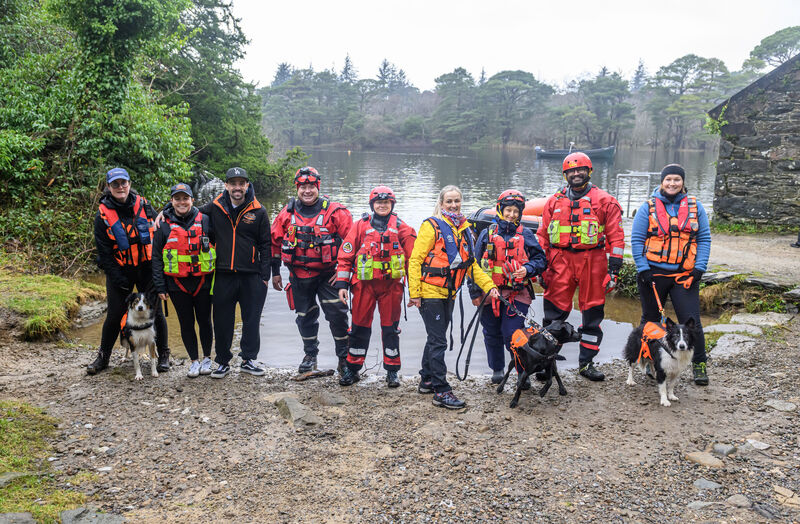 Killarney Water Rescue Search and Recovery Team and ISSARD members training at Loch Léin, Killarney: Beccie Jeffers with Pepper, Claire Tangney, Donal Dux O'Donoghue, Kieran Caulfield, Lorraine O'Sullivan, Kathryn O'Callaghan with Rylec, Donna Weiner, Ajay Tom George, and Éadaoin O'Gorman with Murphy during their training at Lough Léin, Killarney. Picture: Dan Linehan Killarney Water Rescue Search and Recovery Team and ISSARD members training at Loch Léin, Killarney: Beccie Jeffers with Pepper, Claire Tangney, Donal Dux O'Donoghue, Kieran Caulfield, Lorraine O'Sullivan, Kathryn O'Callaghan with Rylec, Donna Weiner, Ajay Tom George, and Éadaoin O'Gorman with Murphy during their training at Lough Léin, Killarney. Picture: Dan Linehan