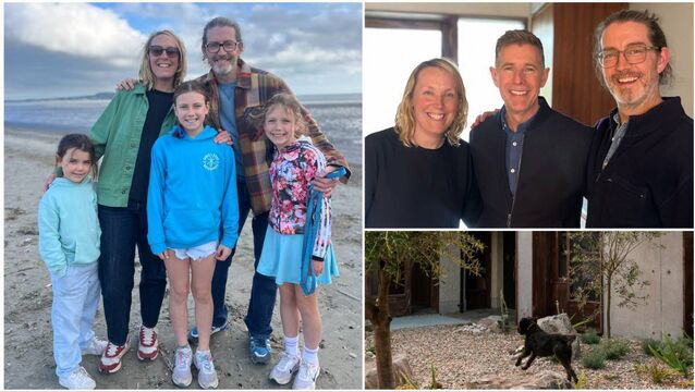 <p>Homeowners Norita and Louis O'Donoghue with their daughters Joanie, Bessie, and Jimi, left; Norita and Louis with architect Dermot Bannon, above right, during the filming of RTÉ One's 'Room to Improve'; and below right, Four Winds, a design by Brennan Furlong, photographed by Ruth Maria Murphy.</p>