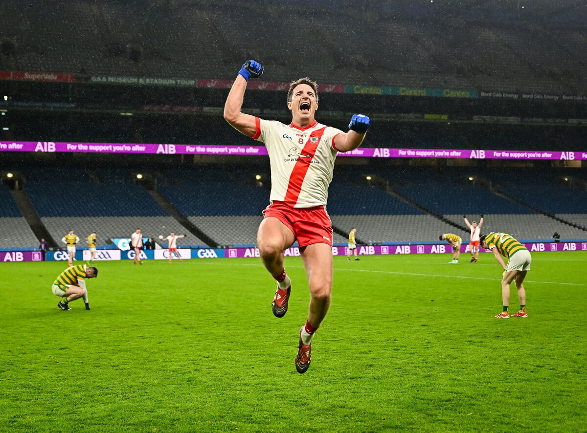 Former Cork footballer Aidan Walsh celebrates victory for An Ghaeltacht over Glenullin in the All-Ireland Club IFC final. Pic: Piaras Ó Mídheach/Sportsfile