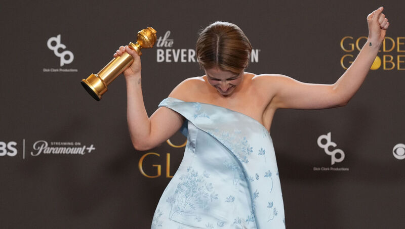 Jessie Buckley poses in the press room with the award for best performance by a female actor in a motion picture for 'Hamnet'. Picture: AP Photo/Chris Pizzello
