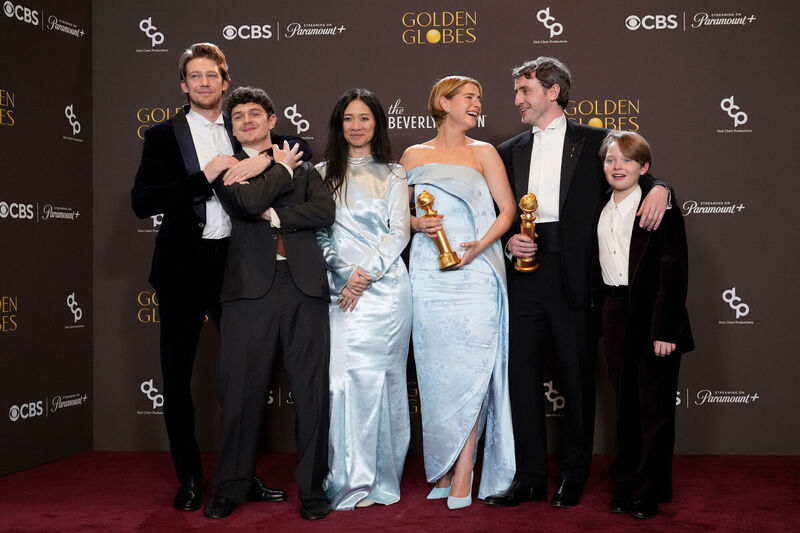 Joe Alwyn, from left, Noah Jupe, Chloe Zhao, Jessie Buckley, Paul Mescal, and Jacobi Jupe pose in the press room with the award for best motion picture - drama for "Hamnet" during the 83rd Golden Globes on Sunday. Picture: AP/Chris Pizzello. Joe Alwyn, from left, Noah Jupe, Chloe Zhao, Jessie Buckley, Paul Mescal, and Jacobi Jupe pose in the press room with the award for best motion picture - drama for "Hamnet" during the 83rd Golden Globes on Sunday. Picture: AP/Chris Pizzello.