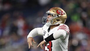 <p>PURDY GOOD WIN: Brock Purdy reacts after throwing a pass for a touchdown. Pic: Steph Chambers/Getty Images.</p>