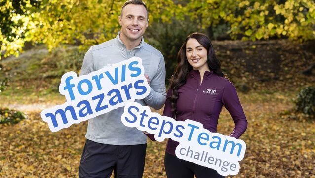 <p>Forvis Mazars Steps Team Challenge 2026 Ambassadors Tommy Bowe and Laura Fox.</p>