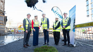 <p>Taoiseach Micheál Martin turning the sod on the Railyard Apartments on Monday with lord mayor Cllr Fergal Dennehy, Averil Power, chief executive of Clúid; Valerie O’Sullivan, chief executive of Cork City Council; and John Cleary, chief executive of JCD. Picture: Darragh Kane</p>
