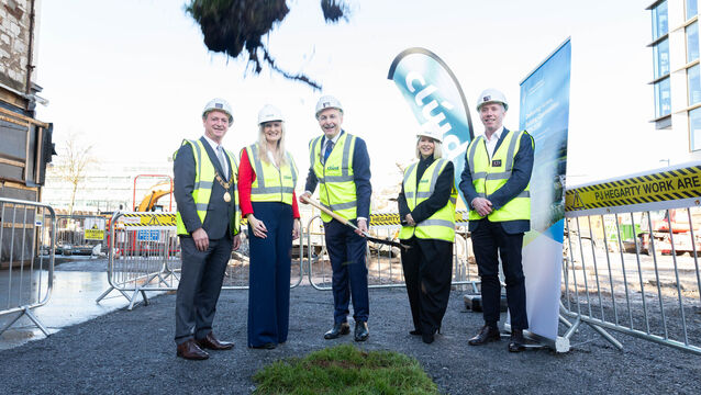 <p>Taoiseach Micheál Martin turning the sod on the Railyard Apartments on Monday with lord mayor Cllr Fergal Dennehy, Averil Power, chief executive of Clúid; Valerie O’Sullivan, chief executive of Cork City Council; and John Cleary, chief executive of JCD. Picture: Darragh Kane</p>