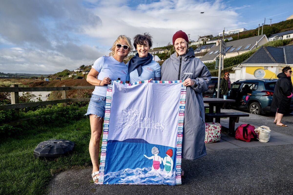 Orla Leahy and Biddy Hughes with supporter Trisha Gallagher, who created a quilted flag to commemorate the Sea Fillies’ incredible achievement.