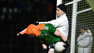 <p>Cavan goalkeeper Gary O'Rourke ducks underneath the orange flag after retrieving the ball after a two-point score during last season's Allianz Football League Division 2 match between Cavan and Monaghan at Kingspan Breffni in Cavan. Photo by Ben McShane/Sportsfile</p>