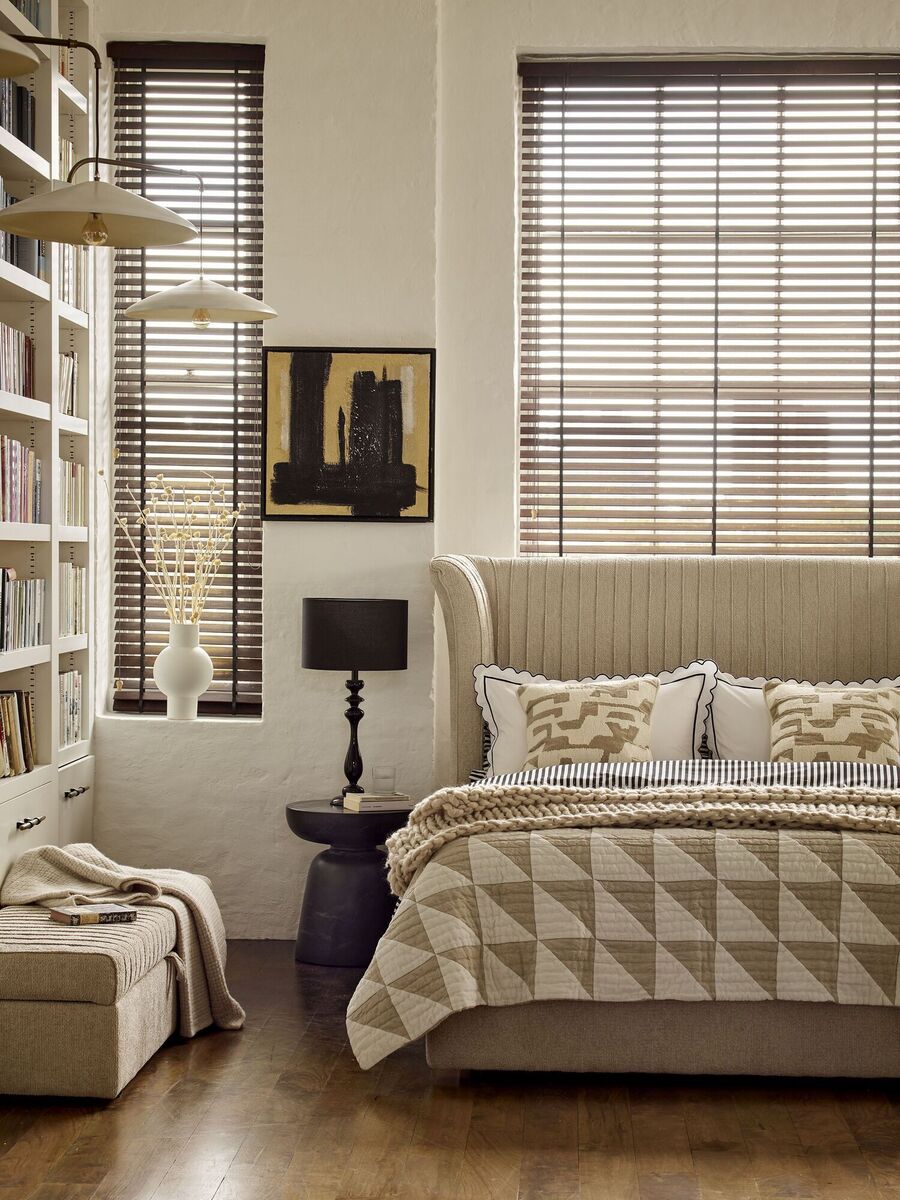  The cool calm of a warm neutral upholstered bed is perfect for a relaxing atmosphere in the bedroom. The Capena power ottoman king-size is from Dfs.