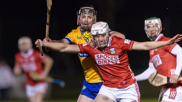 <p>Cork’s Colm McCarthy with Cathal Malone of Clare during the Munster SHL clash in Mallow. Pic: ©INPHO/Natasha Barton</p>