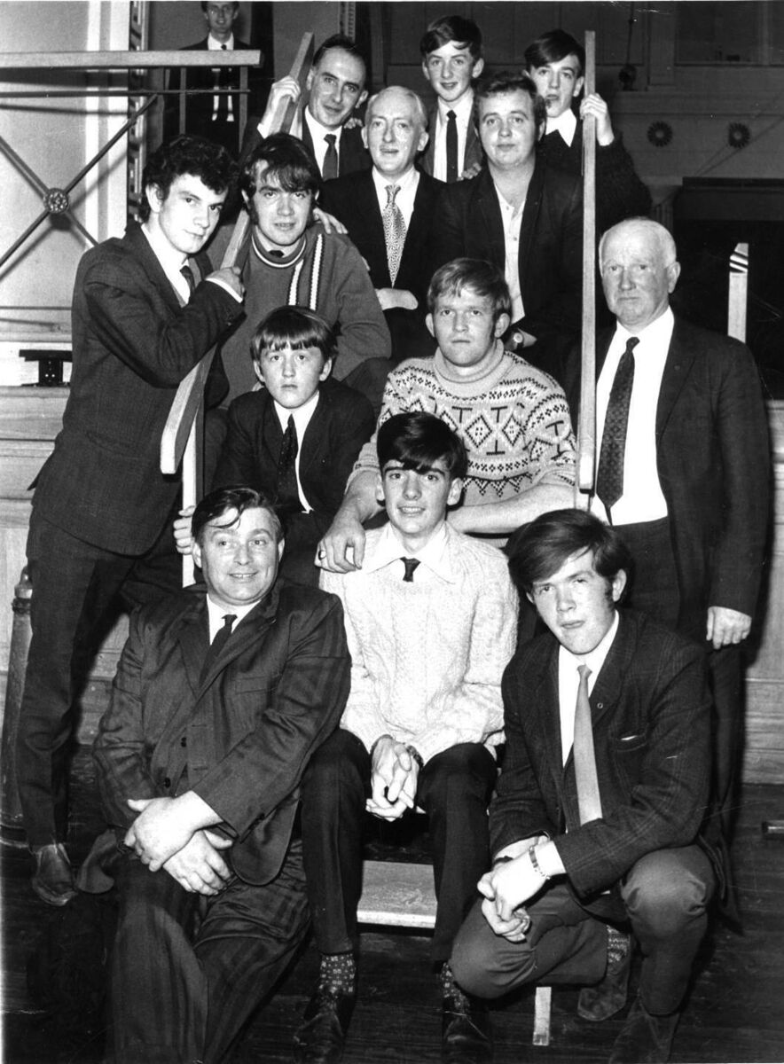 Peadar Ó Riada, front centre, as a teenager with a group that includes his father, Seán Ó Riada (second row from back).