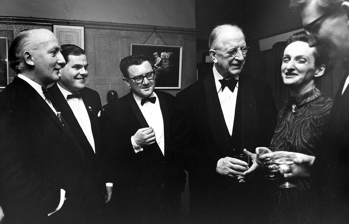 Meeting the President at the Ó Riada sa Gaiety Concert, March 1969, (l–r): Seán Ó Riada, Seán Ó Sé, Niall Toibín, President Éamon de Valera, Ruth Ó Riada and Breandán Ó Buachalla. Picture: courtesy Gael Linn
