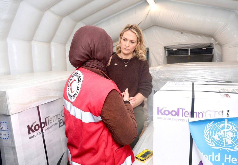 Helen McEntee with a Red Crescent worker near the Rafah border crossing. 'Telling them to make a wheelchair out of plastic, it’s not credible, it’s not realistic,' said Ms McEntee when she heard Israel's banned list includes wheelchairs made from metal.  Helen McEntee with a Red Crescent worker near the Rafah border crossing. 'Telling them to make a wheelchair out of plastic, it’s not credible, it’s not realistic,' said Ms McEntee when she heard Israel's banned list includes wheelchairs made from metal. Â