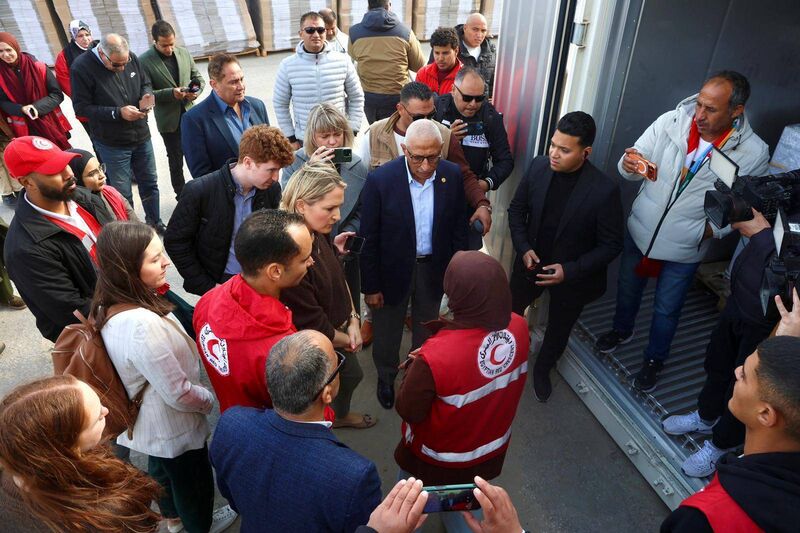 Ireland's foreign minister Helen McEntee speaking with Egyptian foreign affairs officials and humanitarian workers with Egypt's Red Crescent near Egypt's Rafah border crossing into Gaza in Palestine. Ireland's foreign minister Helen McEntee speaking with Egyptian foreign affairs officials and humanitarian workers with Egypt's Red Crescent near Egypt's Rafah border crossing into Gaza in Palestine.Â