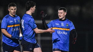 <p>UCD players, from left, Liam Smith, Paul Honeyman and Niall Hurley celebrate. Pic: Sam Barnes/Sportsfile</p> <p>UCD players, from left, Liam Smith, Paul Honeyman and Niall Hurley celebrate. Pic: Sam Barnes/Sportsfile</p>