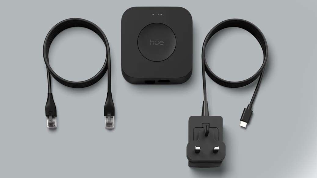 Inside the box, you get the Bridge Pro, USB-C power adapter and an Ethernet cable. Picture: Signify.