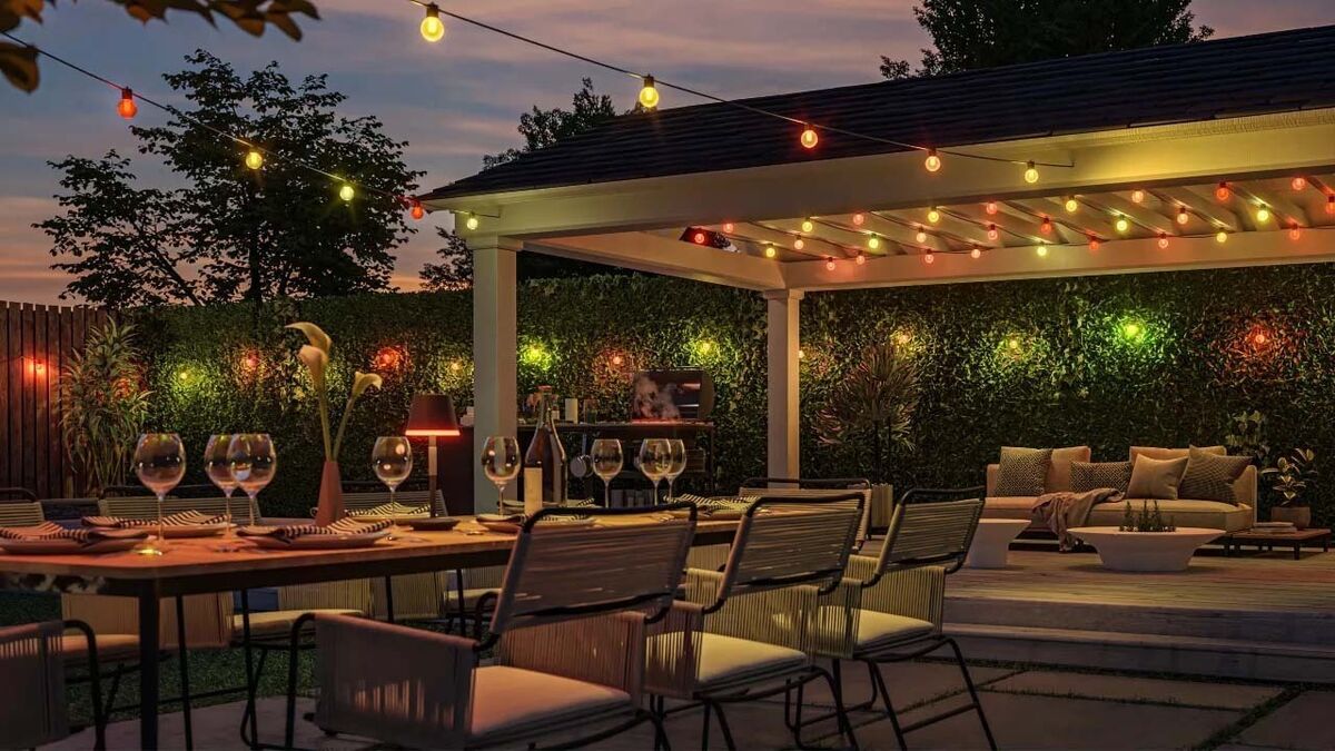 Philips Hue Festavia globe string lights add a warm, decorative glow to outdoor spaces. Picture: Signify.