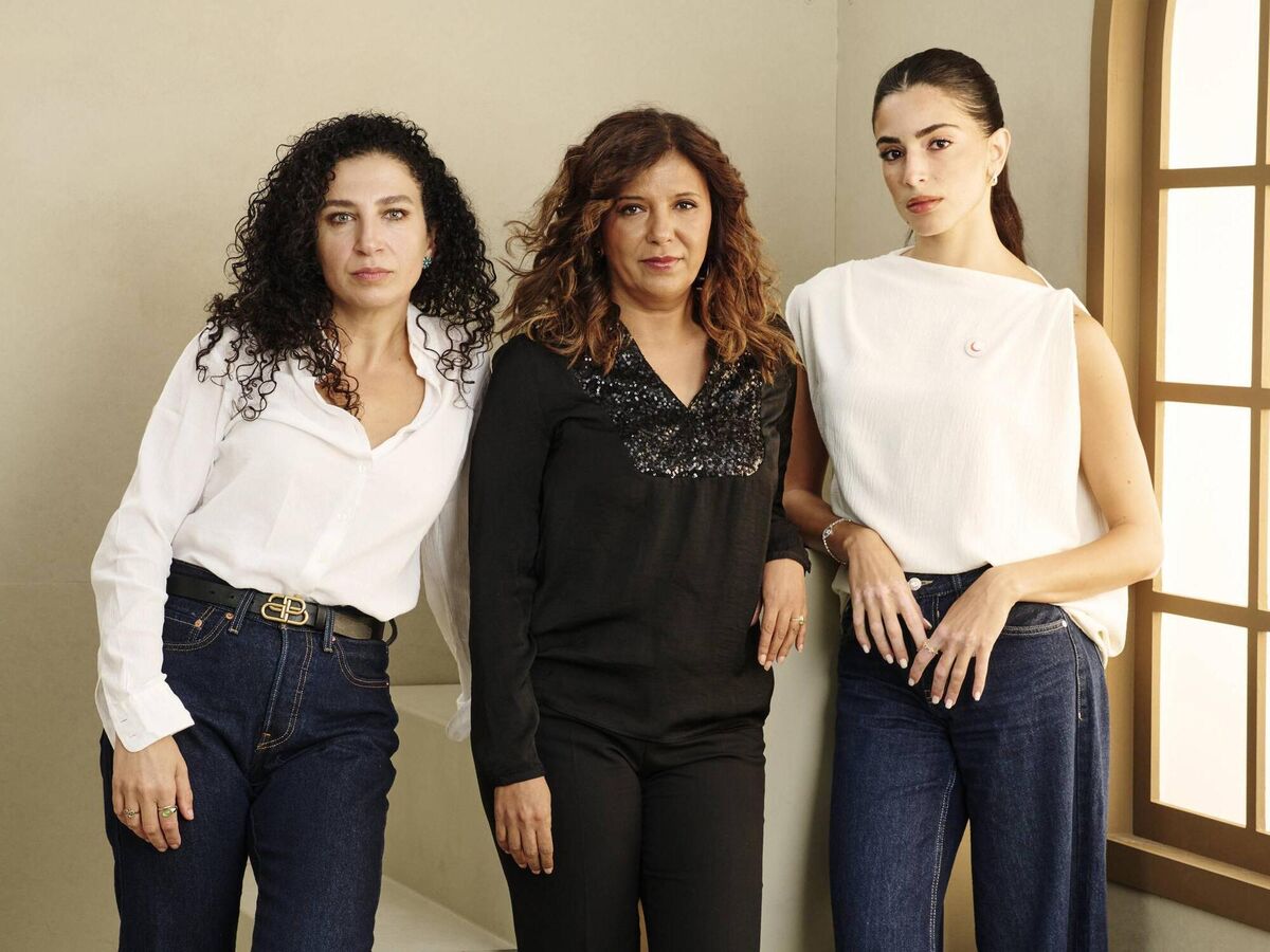 The Voice Of Hind Rajab director Kaouther Ben Hania, centre, with actors Clara Khoury and Saja Kilani. Picture: Gareth Cattermole/Getty Images