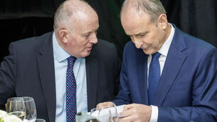 <p>IFA president Francie Gorman speaking with  Taoiseach Micheál Martin at the IFA AGM dinner at the Farm Centre in Dublin. Pictures: Finbarr O'Rourke</p>