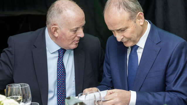 <p>IFA president Francie Gorman speaking with  Taoiseach Micheál Martin at the IFA AGM dinner at the Farm Centre in Dublin. Pictures: Finbarr O'Rourke</p>