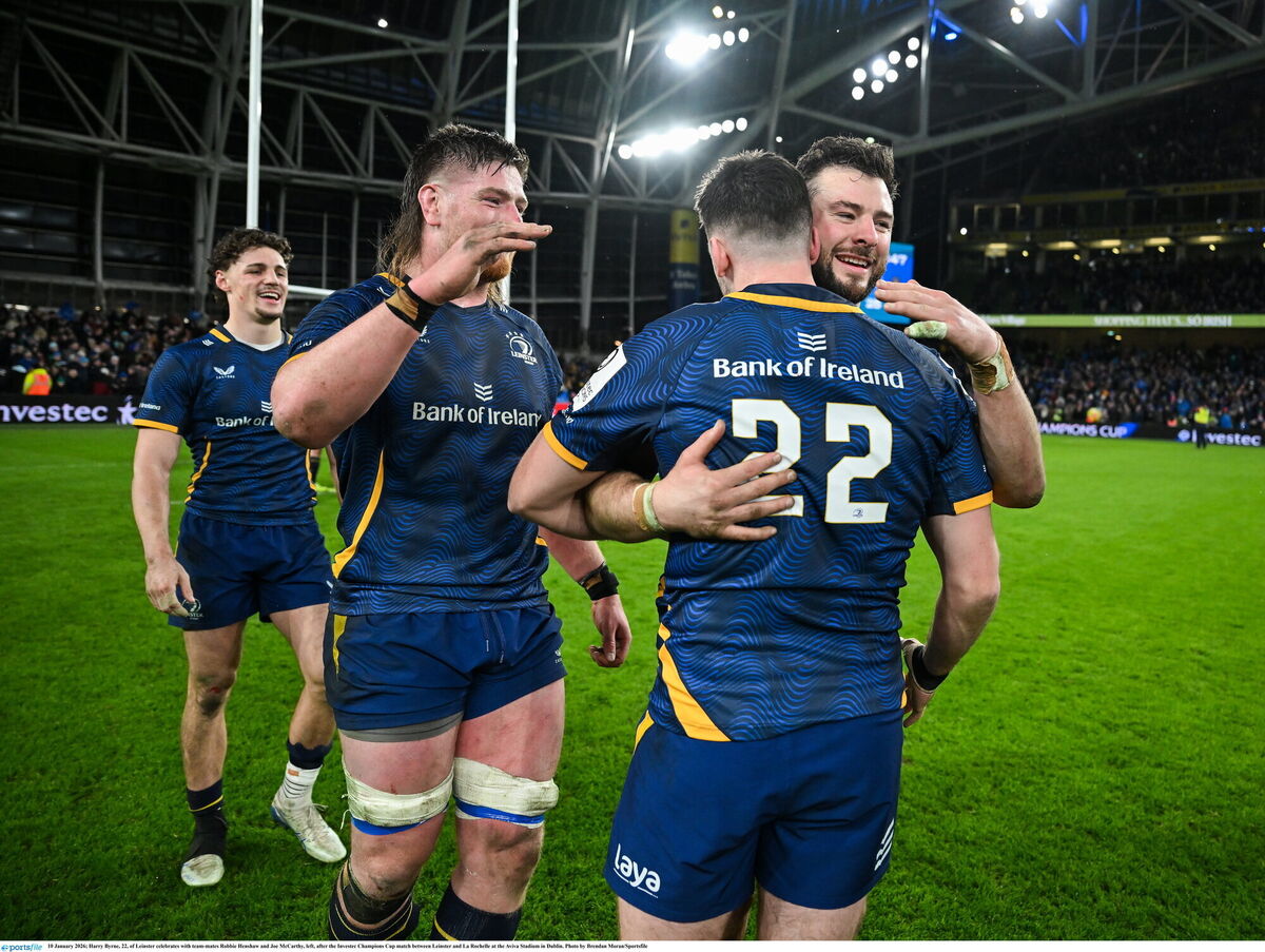 Harry Byrne, 22, of Leinster celebrates with team-mates Robbie Henshaw and Joe McCarthy, left, after the Investec Champions Cup match between Leinster and La Rochelle. Pic: Brendan Moran/Sportsfile