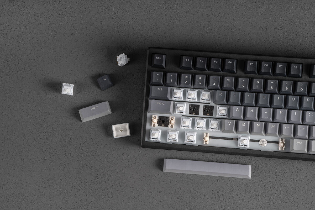 The Cherry profile PBT keycaps feel textured and resist shine after weeks of daily typing. Picture: Epomaker.
