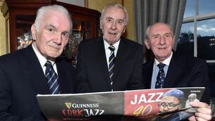 <p>Pearse Harvey, centre, pictured with Tom Cotter and Pat Horgan at a reception mark the 40th Guinness Cork Jazz festival. Picture: Eddie O'Hare</p>