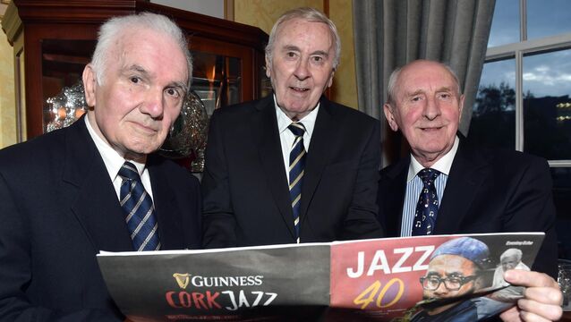 <p>Pearse Harvey, centre, pictured with Tom Cotter and Pat Horgan at a reception mark the 40th Guinness Cork Jazz festival. Picture: Eddie O'Hare</p>