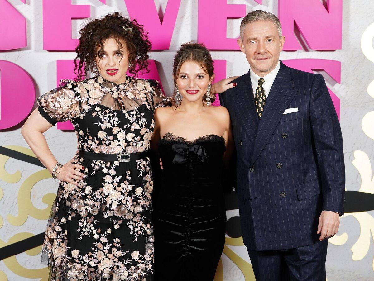 Mia McKenna-Bruce, centre, with Helena Bonham Carter and Martin Freeman at the Seven Dials premiere in London. 