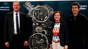 <p>First Minister of Wales Eluned Morgan (centre), Tour de France 2018 winner Geraint Thomas (right), and director of the Tour de France Christian Prudhomme. Picture: Zoe Head-Thomas/PA</p>