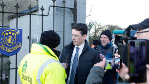 <p>Enoch Burke is prevented from entering Wilson’s Hospital School in Multyfarnham, Co Westmeath, on Thursday due to a High Court order barring him from the premises. Picture: Conor Ó Mearáin</p>