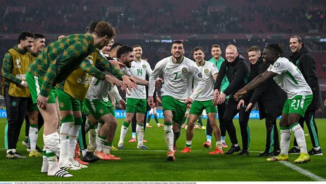 <p>Troy Parrott celebrates with teammates after the Fifa World Cup 2026 Group F Qualifier match between Hungary and Republic of Ireland at Puskás Aréna in Budapest, Hungary. Picture: Stephen McCarthy/Sportsfile</p>