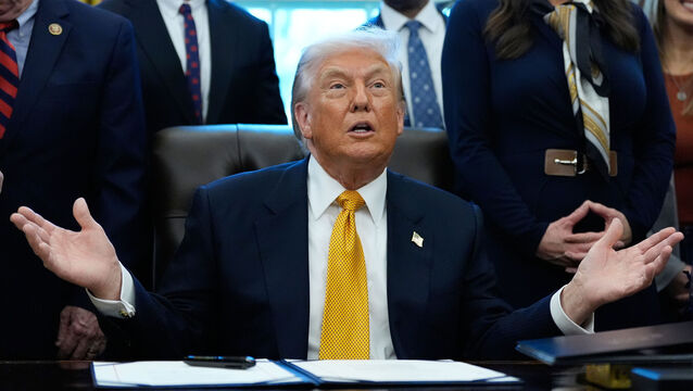 <p>President Donald Trump speaks in the Oval Office of the White House, Wednesday, Jan. 14, 2026, in Washington, before signing a bill that returns whole milk to school cafeterias across the country.. (AP Photo/Alex Brandon)</p>