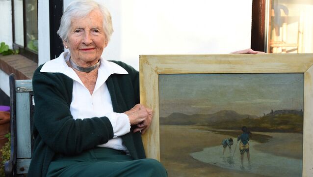 <p> Elizabeth Berney, at age 99, with a painting by AE Russell which was given as a wedding gift by Countess Marckievicz to her parents Min Ryan and Richard Mulcahy, founding member of Cumann na nGaedheal and later leader of Fine Gael. Picture: Moya Nolan</p>