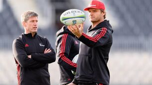 <p>Ronan O'Gara and Scott Robertson (L-R) look on during a Crusaders Super Rugby Captain's Run at Orangetheory Stadium on June 20, 2019 in Christchurch, New Zealand. Picture: Kai Schwoerer/Getty Images</p>