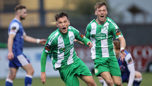 <p>Justin Ferizaj celebrates. Pic: James Crombie/Inpho</p>