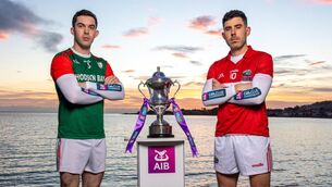 <p>FINAL COUNTDOWN: Pictured are AIB ambassadors Michael Geaney (Dingle) and Ruaidhrí Fallon (St Brigid’s) ahead of the AIB GAA Football All-Ireland Senior Club Championship Final. Pic: ©INPHO/Morgan Treacy.</p>